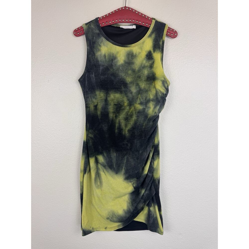 Lush Tie Dye Knit Ruched Faux Wrap Mini Dress Party Cocktail Lime Green Black L